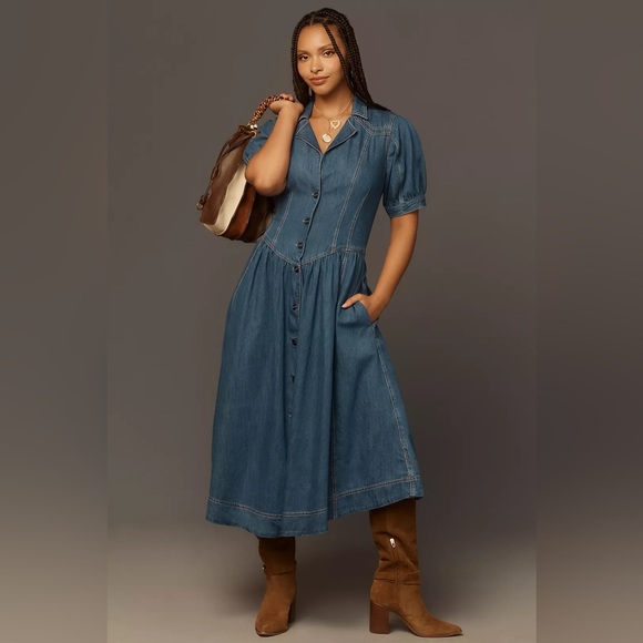 Anthropologie Pilcro Short-Sleeve Denim Midi Shirt Dress - Picture 4 of 10